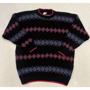 Vintage Cuddle Knit Acrylic Sweater Womens 1X Pink Black Blue Crewneck Winter‎
